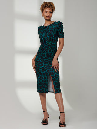 Arica Jersey Puff Sleeve Bodycon Midi Dress, Green Animal