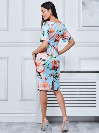Short Sleeve Kimono Dress, Aqua Floral