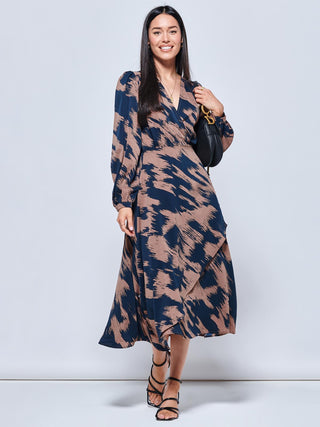 Abstract Print Sleeved Wrap Midi Dress, Abstract Multi
