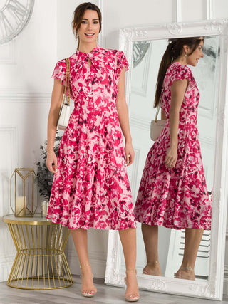 Jolie Moi Luella Floral Print Mesh Dress, Pink Abstract