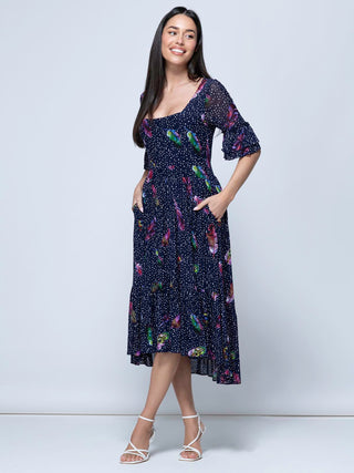 Aleia Mesh Print Square Neck Dress, Navy Feather