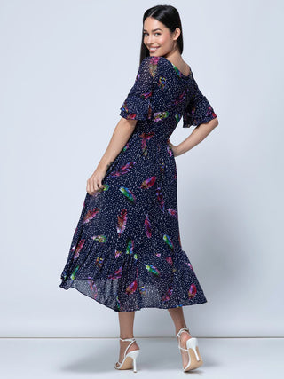 Aleia Mesh Print Square Neck Dress, Navy Feather