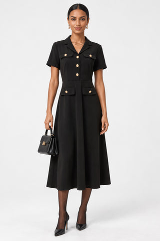 Button-Detail Utility Shirt Ponte Dress, Black