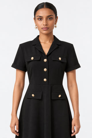 Button-Detail Utility Shirt Ponte Dress, Black
