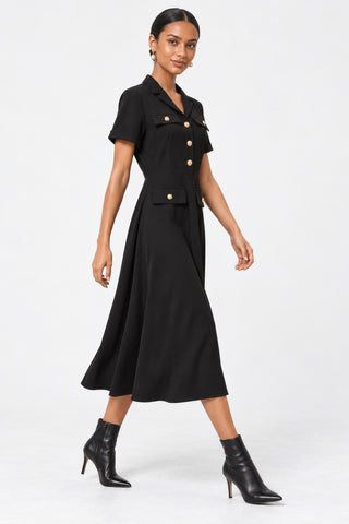 Button-Detail Utility Shirt Ponte Dress, Black