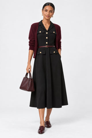 Button-Detail Utility Shirt Ponte Dress, Black