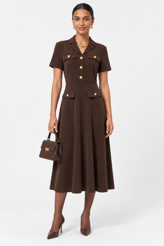 Button-Detail Utility Shirt Ponte Dress, Brown