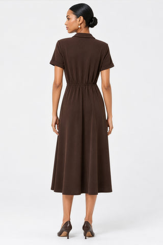 Button-Detail Utility Shirt Ponte Dress, Brown