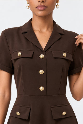 Button-Detail Utility Shirt Ponte Dress, Brown