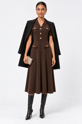 Button-Detail Utility Shirt Ponte Dress, Brown