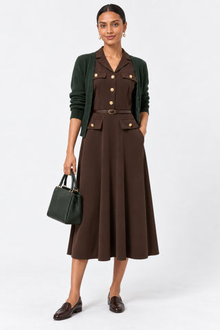 Button-Detail Utility Shirt Ponte Dress, Brown