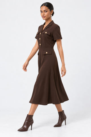 Button-Detail Utility Shirt Ponte Dress, Brown