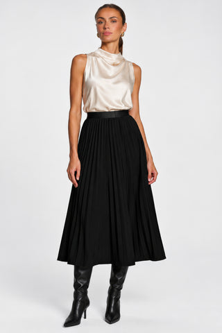 Pleated Knitted Crepe Midi Skirt, Black