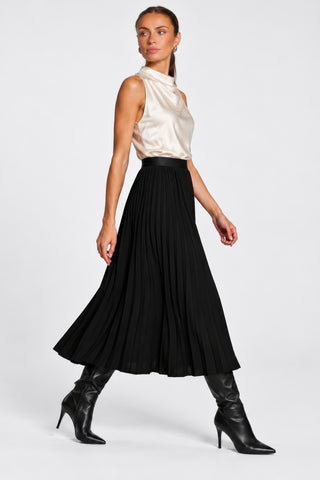 Pleated Knitted Crepe Midi Skirt, Black