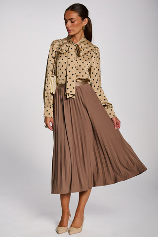 Pleated Knitted Crepe Midi Skirt, Tan Brown