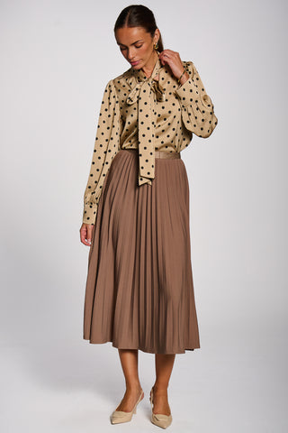 Pleated Knitted Crepe Midi Skirt, Tan Brown