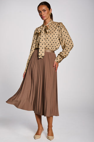 Pleated Knitted Crepe Midi Skirt, Tan Brown