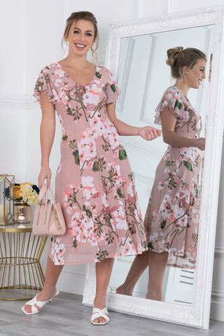Acela Floral Print Mesh Dress, Dusty Pink