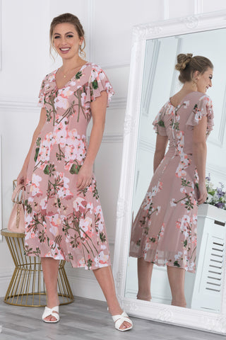 Acela Floral Print Mesh Dress, Dusty Pink