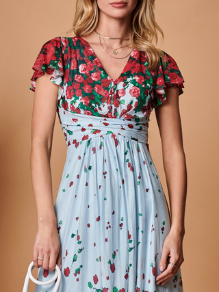 Symmetrical Floral Print Mesh Maxi Dress, Blue Multi