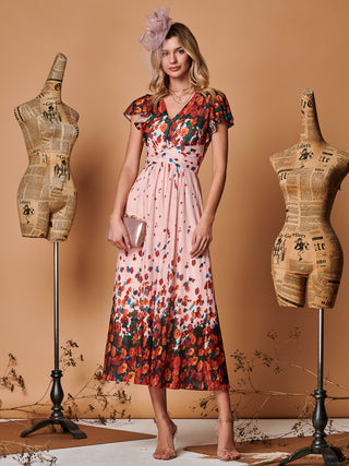 Symmetrical Floral Print Mesh Maxi Dress, Coral Pink