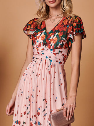 Symmetrical Floral Print Mesh Maxi Dress, Coral Pink