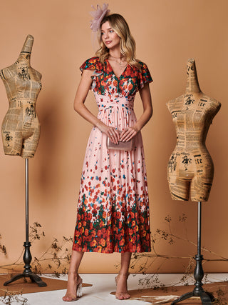 Symmetrical Floral Print Mesh Maxi Dress, Coral Pink – Jolie Moi