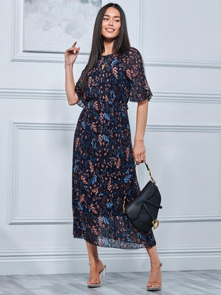 Quida Chiffon Pleated Maxi Dress, Navy Floral