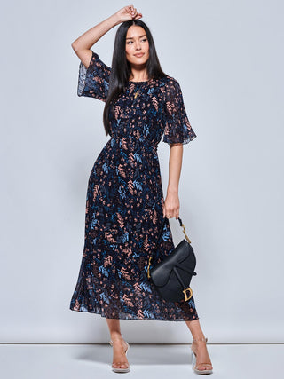 Quida Chiffon Pleated Maxi Dress, Navy Floral