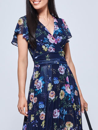 Carleigh Printed Mesh Tiered Maxi Dress, Navy Floral