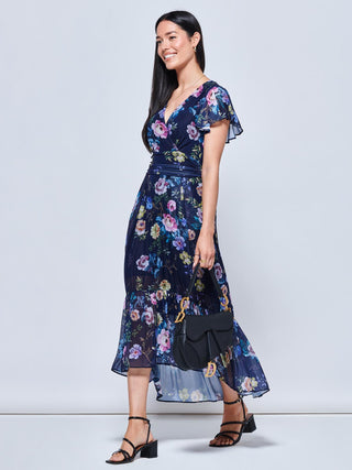 Carleigh Printed Mesh Tiered Maxi Dress, Navy Floral