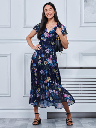 Carleigh Printed Mesh Tiered Maxi Dress, Navy Floral