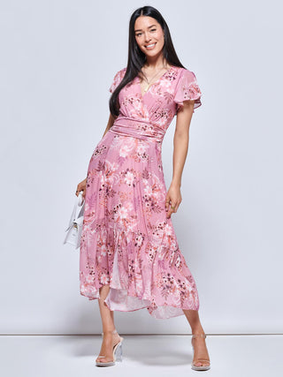 Carleigh Printed Mesh Tiered Maxi Dress, Pink Floral