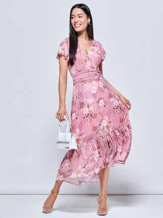 Carleigh Printed Mesh Tiered Maxi Dress, Pink Floral