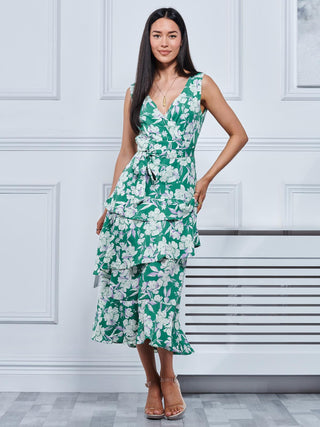Della Crepe Frill Hem Maxi Dress, Green Floral
