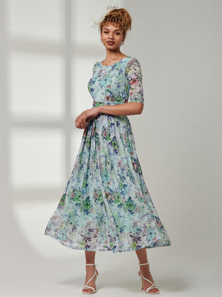 Bella Print 3/4 Sleeve Mesh Maxi Dress, Green Floral