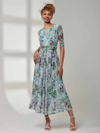 Bella Print 3/4 Sleeve Mesh Maxi Dress, Green Floral