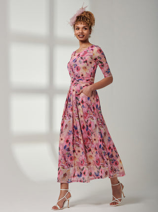 Bella Print 3/4 Sleeve Mesh Maxi Dress, Pink Floral