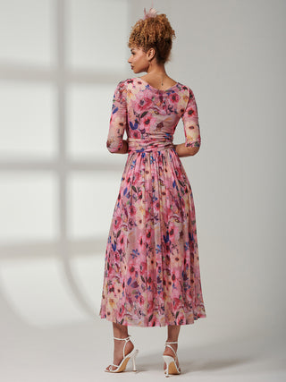 Bella Print 3/4 Sleeve Mesh Maxi Dress, Pink Floral