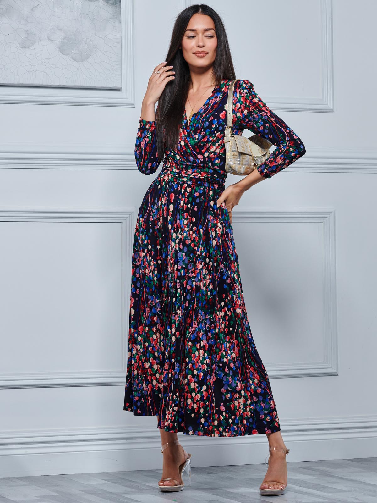 Abstract Print Long Sleeve Maxi Dress Navy Abstract