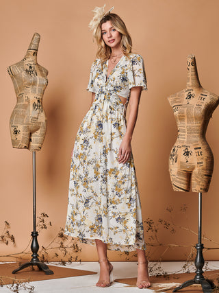 Plunge Neckline Keyhole Chiffon Maxi Dress, Cream Floral