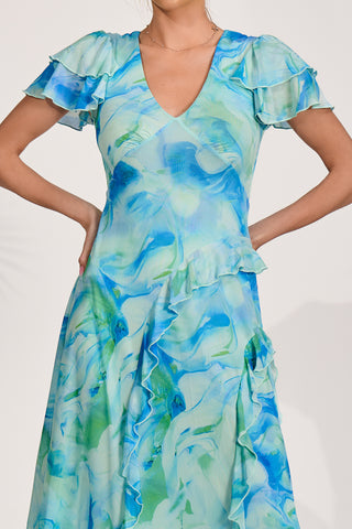 Cap Sleeve Ruffle Mesh Maxi Dress, Blue Abstract