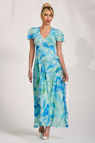 Cap Sleeve Ruffle Mesh Maxi Dress, Blue Abstract