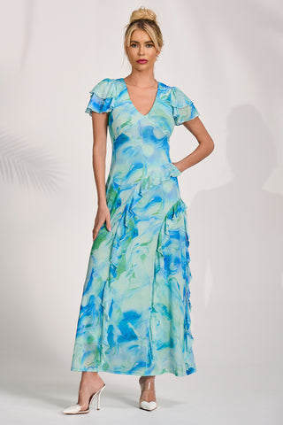 Cap Sleeve Ruffle Mesh Maxi Dress, Blue Abstract
