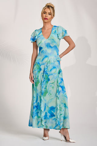 Cap Sleeve Ruffle Mesh Maxi Dress, Blue Abstract