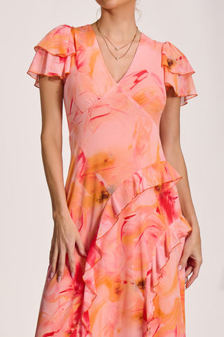 Cap Sleeve Ruffle Mesh Maxi Dress, Orange Abstract