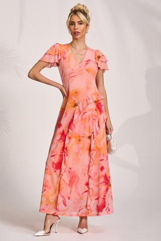 Cap Sleeve Ruffle Mesh Maxi Dress, Orange Abstract