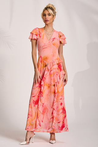 Cap Sleeve Ruffle Mesh Maxi Dress, Orange Abstract