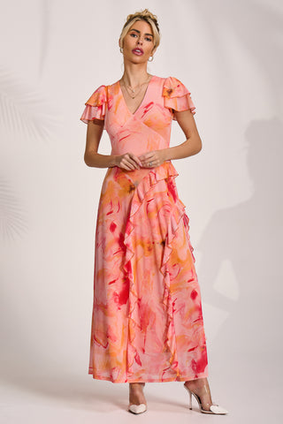 Cap Sleeve Ruffle Mesh Maxi Dress, Orange Abstract