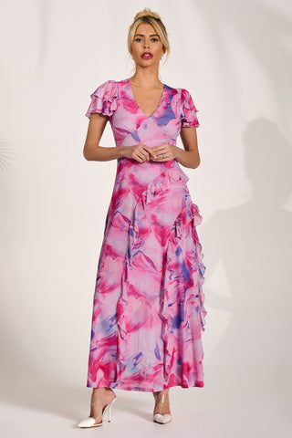 Cap Sleeve Ruffle Mesh Maxi Dress, Pink Abstract